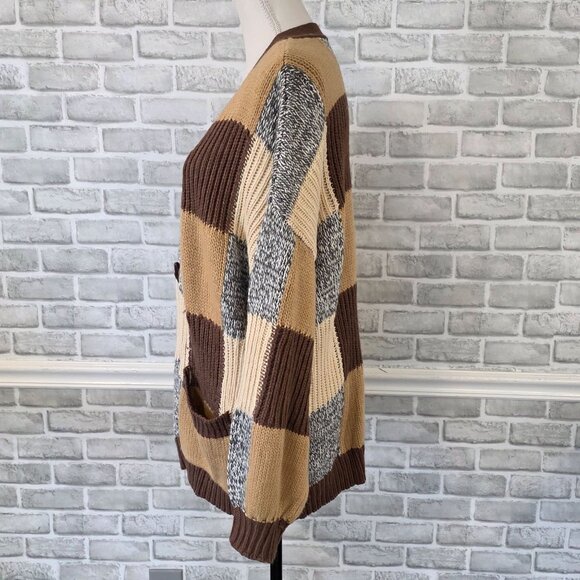 BKE Buckle Oversized Checkered Cardigan Knit Button Up L Cozy Earth Tones Casual - Picture 3 of 10